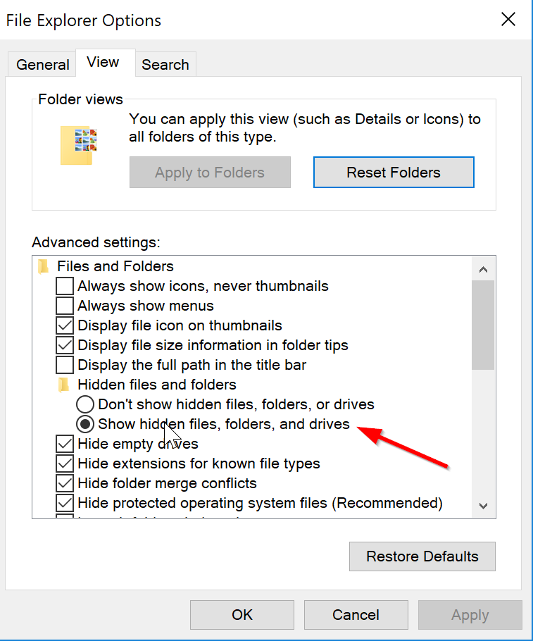 2. Select the option to show hidden folders then click 'Apply' and 'Ok'